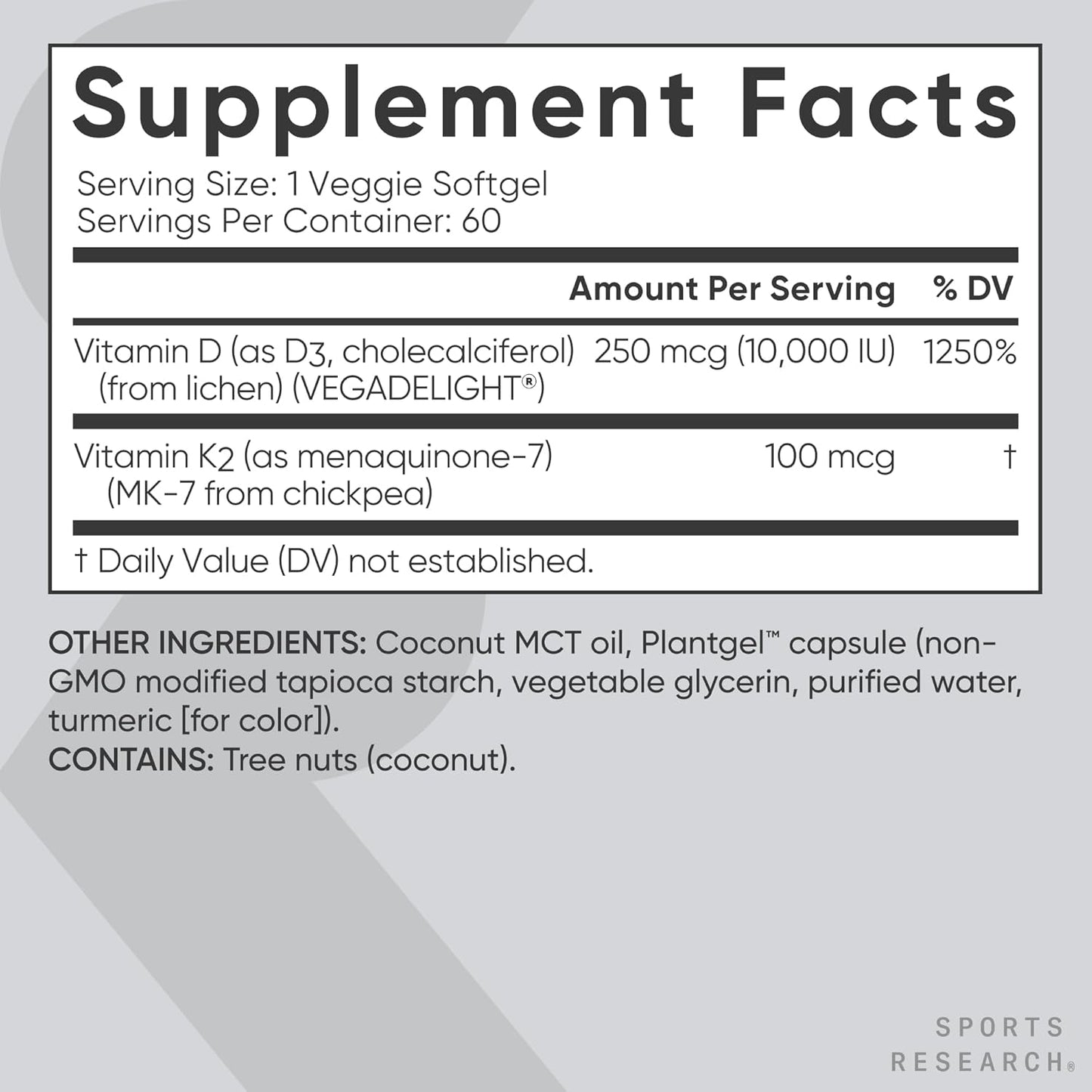 D3 10 000 IU + K2 100 MG SPORT RESEARCH 60 CÁPSULAS