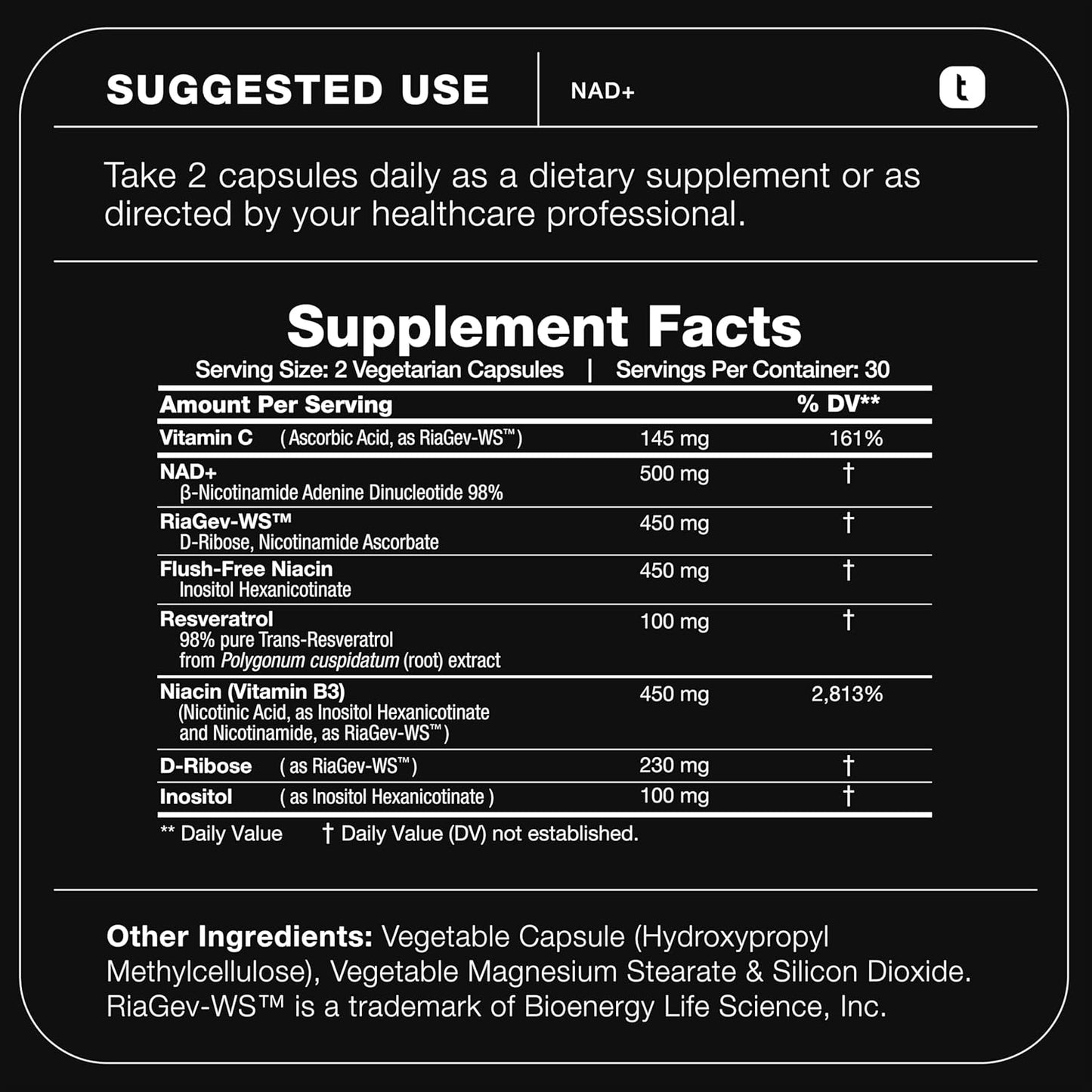 Toniiq Suplemento NAD+ de ultra alta resistencia de 1500 mg 60 Cápsulas