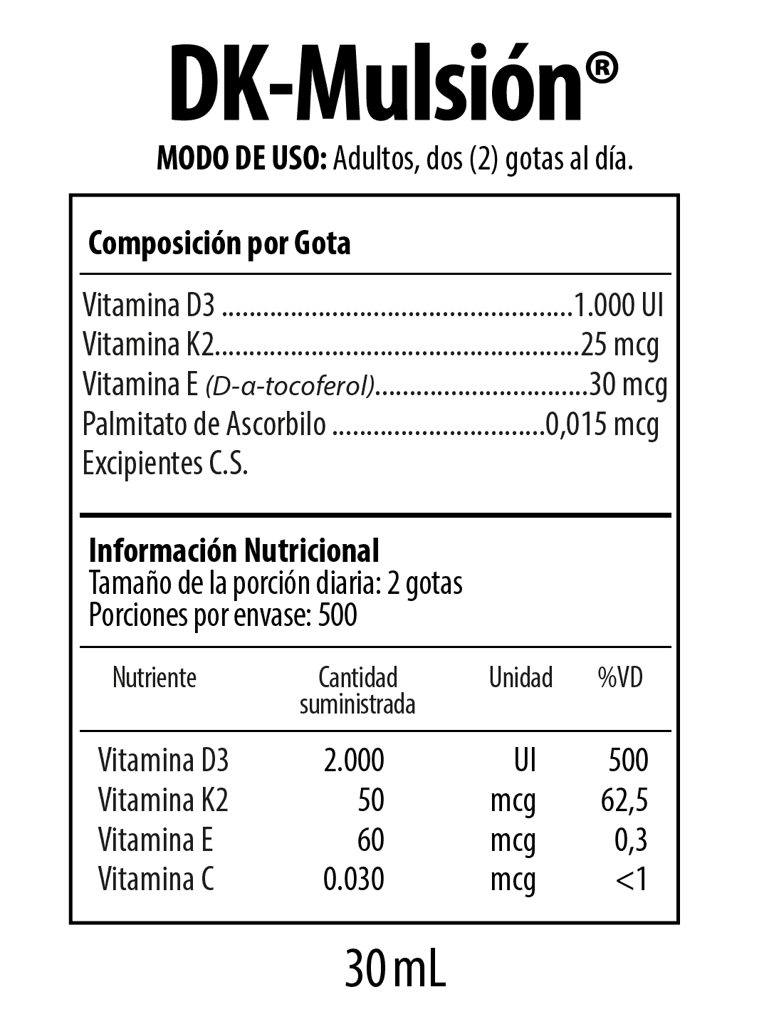 DK MULSIÓN 30 ML VITAMINA D3 CON K2 1000 UI POR GOTA