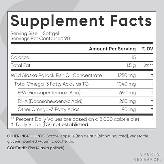 Sports Research Aceite de pescado Omega 3 de triple fuerza 180 Cápsulas