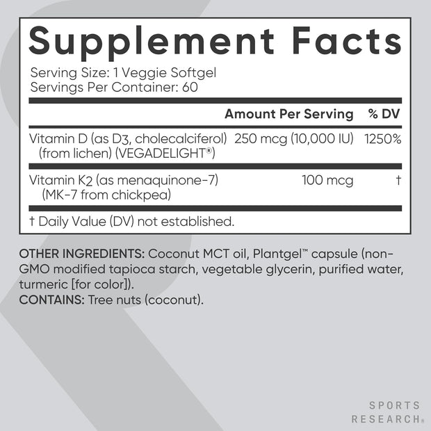 D3 10 000 IU + K2 100 MG  SPORT RESEARCH 60 CÁPSULAS